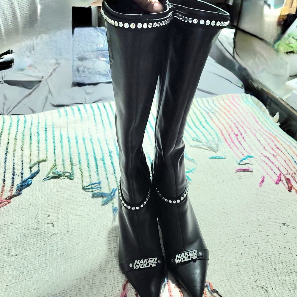 Naked Wolfe Black Leather Knee High Boots Crystal Logo Pointed Toe Flared Heel